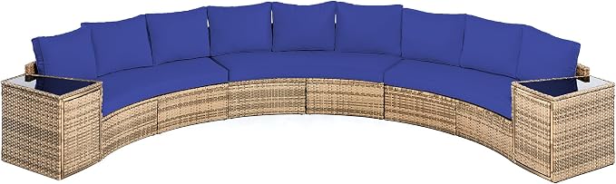 LUXOAK 11-Piece Wicker Patio Furniture Set with Storage Wedge Table, Waterproof Half-Moon Sectional Sofa with Cushions, Rattan Outdoor Conversation Set for Garden, Pool, Beach & Balcony, Blue