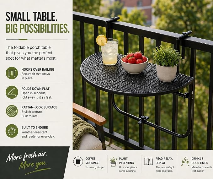 Gardenised, Indoor and Outdoor Rattan Decorative Foldable Balcony Hanging Table, Railing Bar Serving Table, Adjustable Hight 3-Level, Balcony and Garden Deck, Rust Proof (Black)