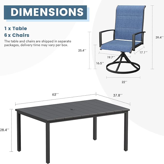 DIFY 7 Piece Outdoor Patio Dining Set for 6, 63" Black Rectangle Metal Dining Table and Swivel Patio Chairs with Blue Padded Textilene, All-Weather Outdoor Furniture Set for Garden Backyard Porch