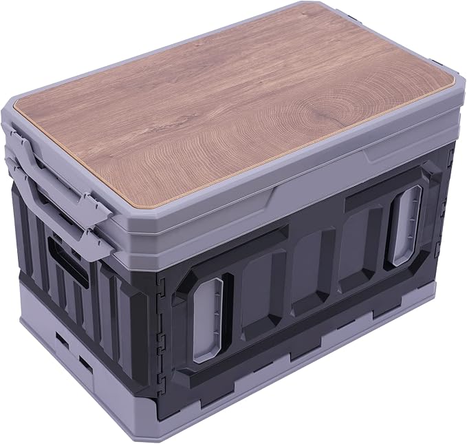 Storage Box, 3 Layers Raised 95 L Folding Table, Portable Foldable Stackable Food Container Box, Picnic Camping Outdoor BBQ Organizer Bins, Black&Grey