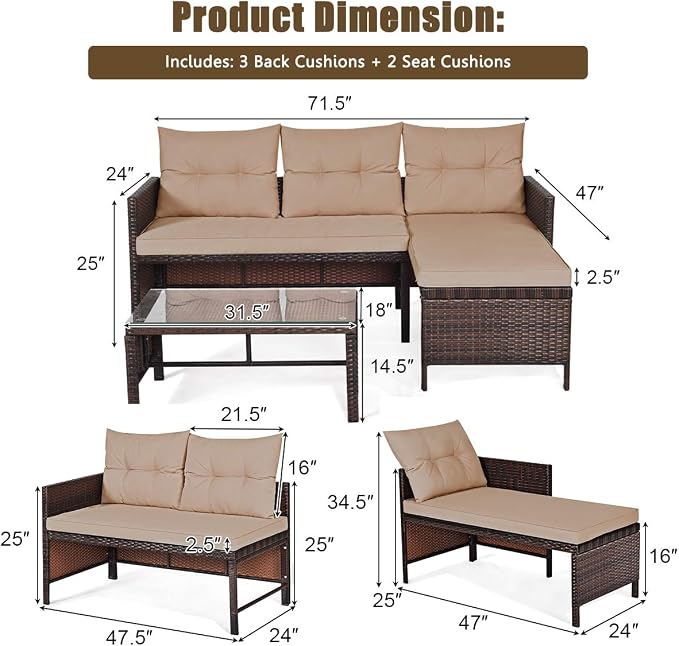 RELAX4LIFE 3-Piece Patio Furniture Set, Outdoor Wicker Sectional Sofa Set w/Washable Cushion, Tempered Glass Coffee Table, Rattan Conversation Set Outdoor Couch for Garden Backyard Deck (Brown)