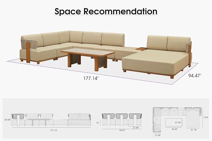 PURPLE LEAF Patio Furniture Set Modular U-Shaped Outdoor Sectional Sofa with 11" Thick Olefin Cushion 8-Piece Outdoor Conversation Set w/Daybed & Ottoman for Backyard Poolside Table Included, Beige