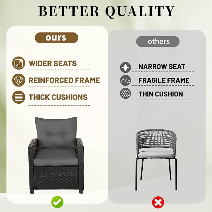 3 Pieces Patio Furniture Set,Outdoor Wicker Conversation Set,Outdoor Wicker Patio Chairs with Cushions & Glass Coffee Table,Bistro Set Outdoor for Porch (Grey)