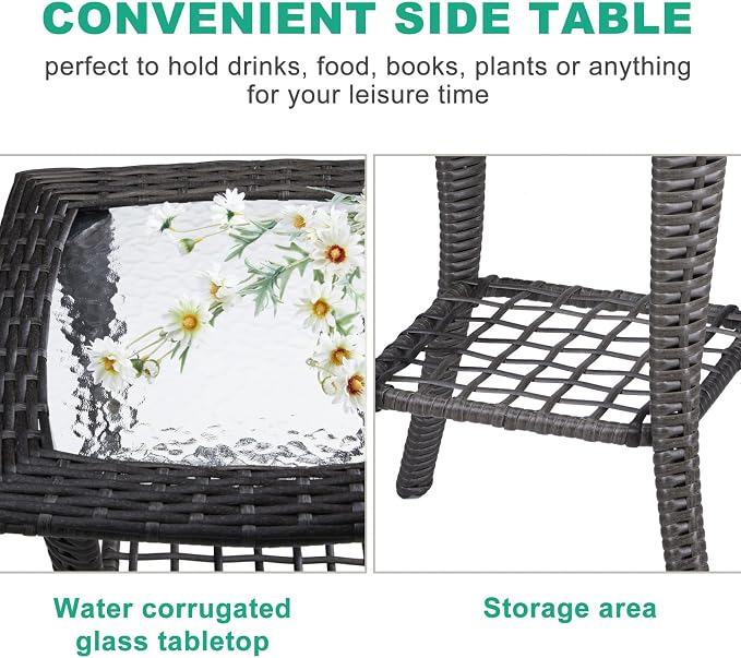 Outdoor Side Table with Storage Wicker Patio Side Table, Tempered Glass Top End Table for Balcony Porch Deck (Grey)