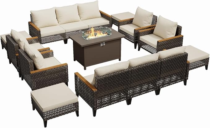 15 Piece Patio Furniture Set with 50000 BTU Propane Fire Pit Table, All-Weather Wicker Rattan Outdoor Sectional Sofa Set with High Back and Thick Cushions for Garden, Porch, Poolside, Beige