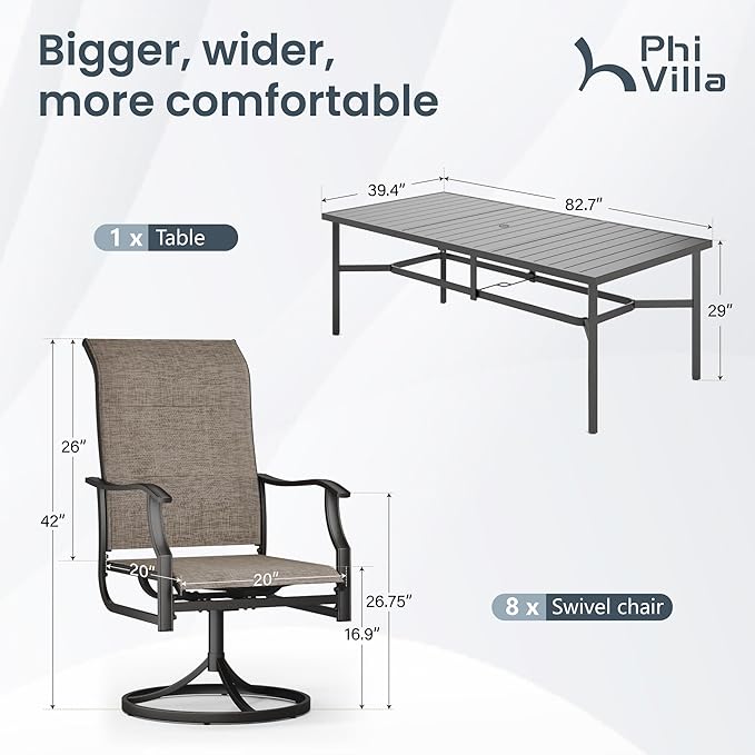 PHI VILLA Outdoor Dining Set for 8, High Back Swivel Chairs w/ 82'' Table | All-weather E-coating metal frame with padded textilene seating. Designed for outdoor dining, deck, lawn, garden