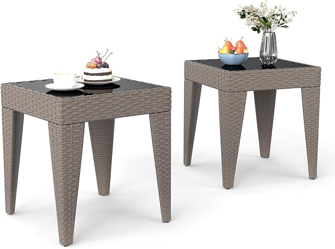 Outdoor Small Patio Table - PE Rattan Coffee Table, Wicker Side Table for Patio, Balcony & Porch, Durable & Iron Frame (2, Rattan Sesame)