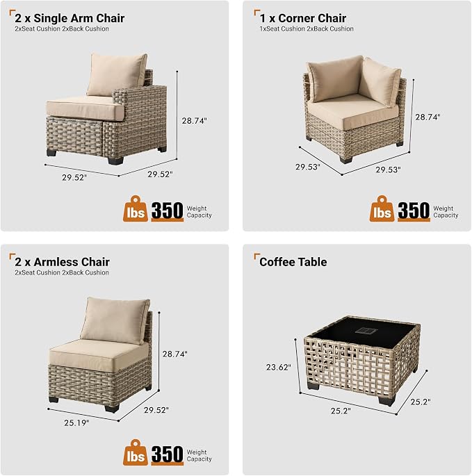 ovios 6 Piece Patio Sectional Furniture, Rattan Wicker Coversation Couch Set, Outdoor Sofa Set for Outside Porch Balcony Backyard Pool,Beige