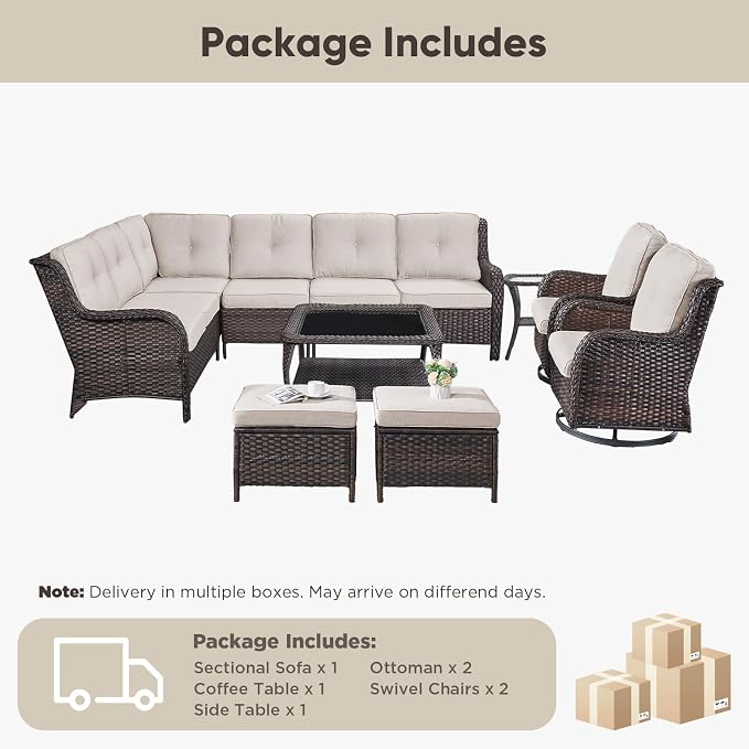 Belord 8 Piece Wicker Patio Furniture Set, Outdoor Swivel Rocker Chairs Set of 2 with Ottomans and Sectional Couch, All Weather Patio Conversation Furniture Set, for Pool,Yard Brown Wicker/Beige