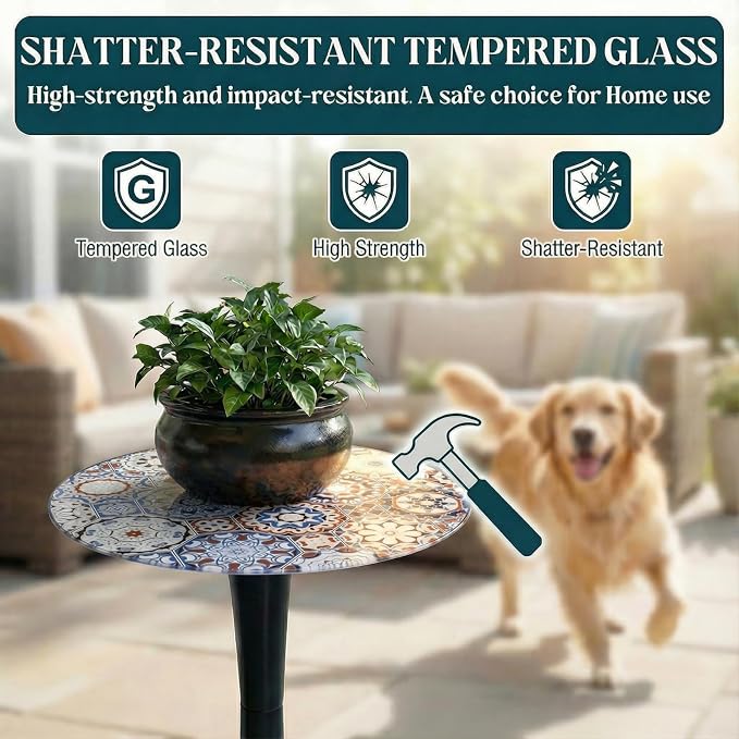 13.4" Outdoor Side Table, Round Patio Bistro Table Printed Tempered Glass Top, Waterproof Rust-Proof Base, Small Plant Stand for Balcony, Garden, Deck, 21.6" H (Bohemia)