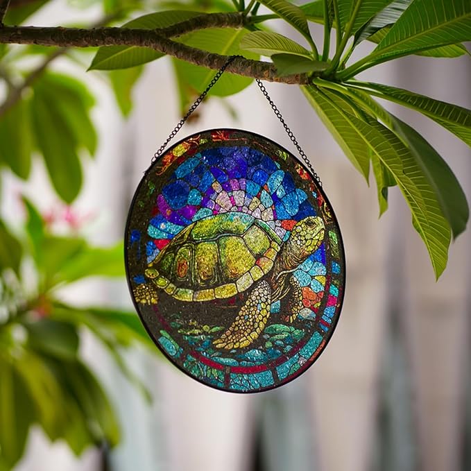 Hanging Stained Glass for Windows,20cm/7.87 inch Turtle Hand-Painted Glass Panel Window Hanging Suncatchers Christmas Ornaments Home Courtyard Decor,Housewarming Gift (Style A)