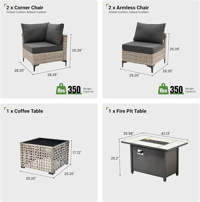 6 Pcs Patio Furniture with Fire Pit Table, Outdoor Rattan Wicker Conversation Set with Glowing Coffee Table, Comfy Sectional Sofa for Porch Balcony Backyard Pool, Black