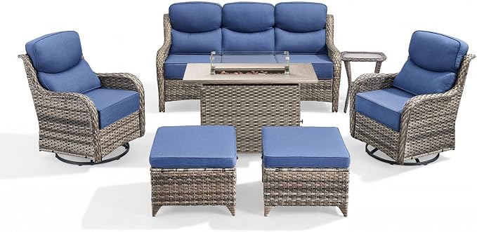 Luxury Patio Furniture Set with 6-inch Thick Cushion, Outdoor Furniture with Fire Pit Table, Swivel Chairs, Sofa, Side Table, Ottomans, 7pcs Wicker Conversation Set(Grey Wicker/Blue Cushion)