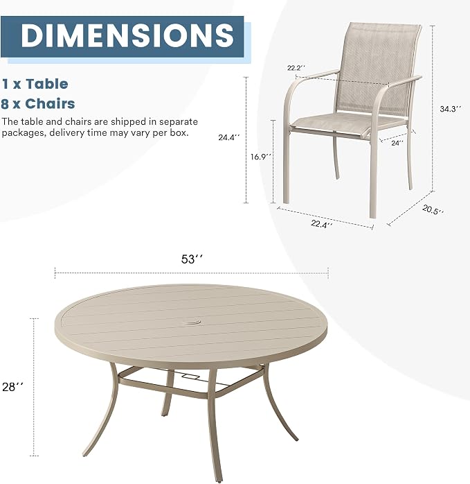 DIFY 9 Pieces Outdoor Patio Dining Set for 8, 53" Sandshell Round Metal Dining Table and 8 Sandshell Stackable Sling Dining Chairs, Outdoor Table and Chairs for Lawn Garden Backyard Deck