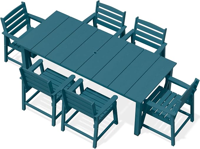 AreShark 7-Piece Outdoor Dining Set,HDPE Patio Table with 6 Chairs,All-Weather Patio Furniture Set with Umbrella Hole,Low Maintenance Wood Grain Dining Set for Backyard,Garden,Poolside,Navy Blue