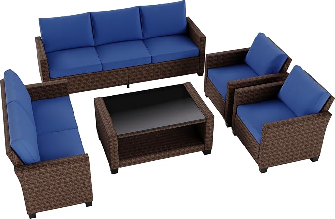 GarveeLife 5 Pieces Patio Furniture Set, 7-Seater Rattan Wicker Patio Conversation Sets with Coffee Table, Outdoor Sectional Patio Sofa Set, Brown Rattan and Blue Cushions