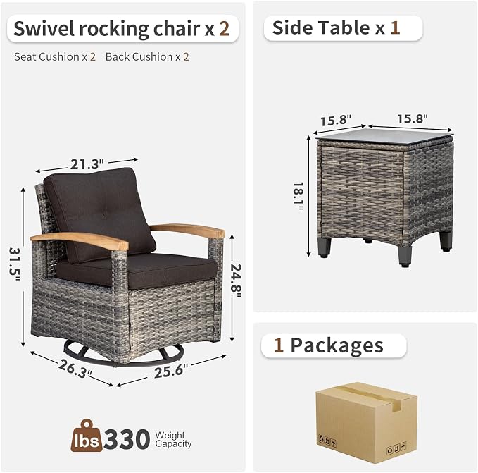 MEISSALIVVE 3 Piece Outdoor Swivel Rocking Chairs, Patio Furniture Bistro Set with 360° Wood Armrests Swivel Glide Chairs and Side Table for Deck Yard and Poolside (Black)