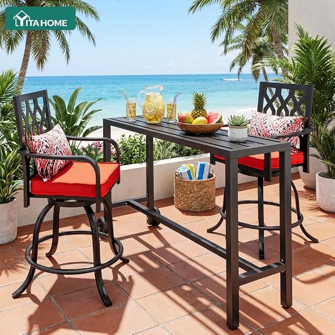 YITAHOME Outdoor Bar Table, 55" Narrow Metal Patio Bar Height Table, Rectangle Console Table with Wheels, Tall Counter for Garden Poolside, Black