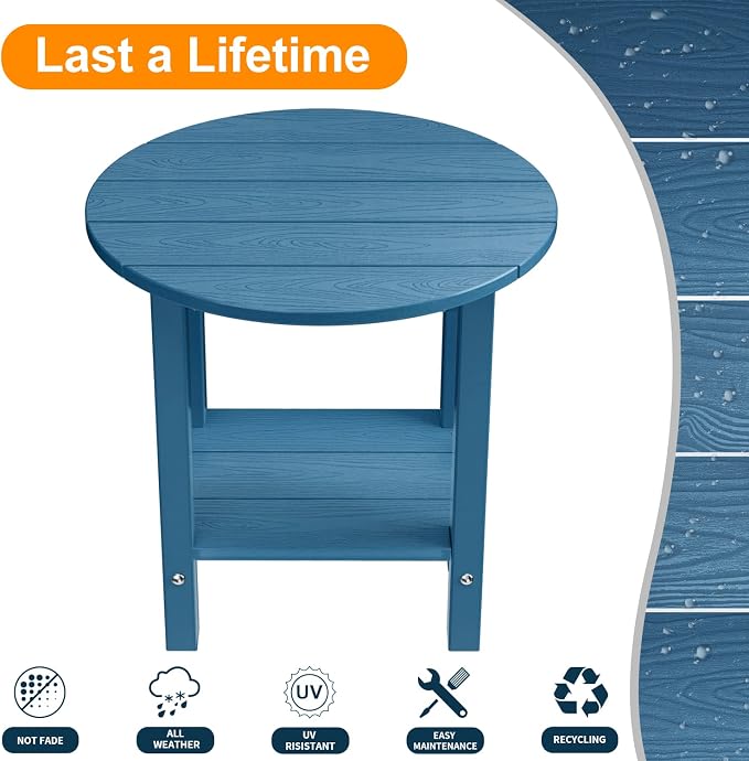 MXIMU Round Outdoor Side Table Adirondack Tables 18 Inch Chairside End Tables with Storage Shelf, 2-Tier Plastic Patio Side Table for Balcony Backyard Lawn (Navy, 1 Pack)