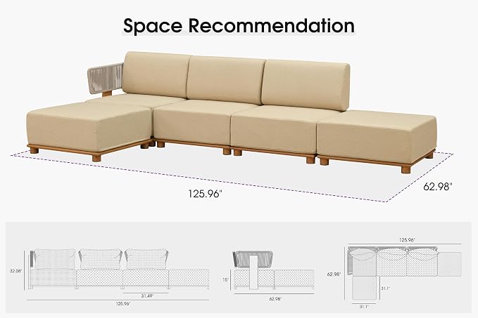 PURPLE LEAF Patio Furniture Set Modular L-Shaped Outdoor Sectional Sofa with 11" Thick Olefin Cushion 5-Piece Outdoor Conversation Set w/White Lights for Backyard Poolside Ottomans Included, Beige