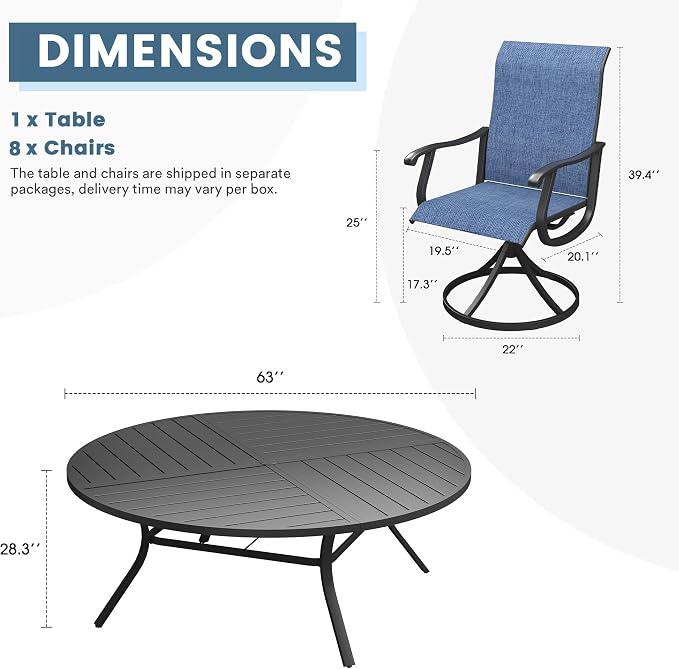DIFY Patio Table and Chairs Set for 8, 9 Piece Outdoor Dining Set, 63" Black Round Metal Dining Table with Umbrella Hole and 8 Blue Textilene Swivel Patio Chairs, for Garden Backyard Deck