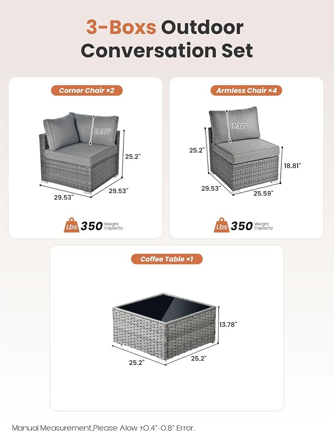 ovios Outdoor 7 Piece Coversation Set with Coffee Table,Sectional Patio Furniture Set with All-Weather Wicker Sofa,Modern Outside Couch for Balcony Backyard Pool, Dark Grey