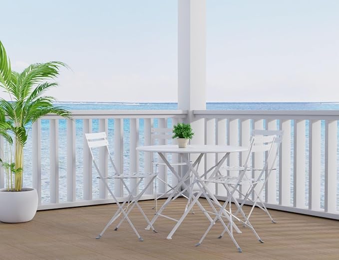 Carolina Chair & Table Round Folding Outdoor Bistro Table with 2" Umbrella Hole - Space Saving Fold Flat Design, Powder Coated Steel Patio Dining Table - Weather Resistant Garden Furniture(White,36")