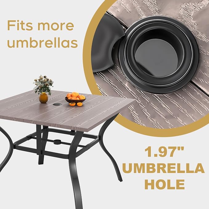 37.8'' Outdoor Dining Table for 4, Black Metal Patio Dining Table with 1.97'' Umbrella Hole,Anti-Rust Waterproof Square Table for Porch Deck Poolside Garden Backyard