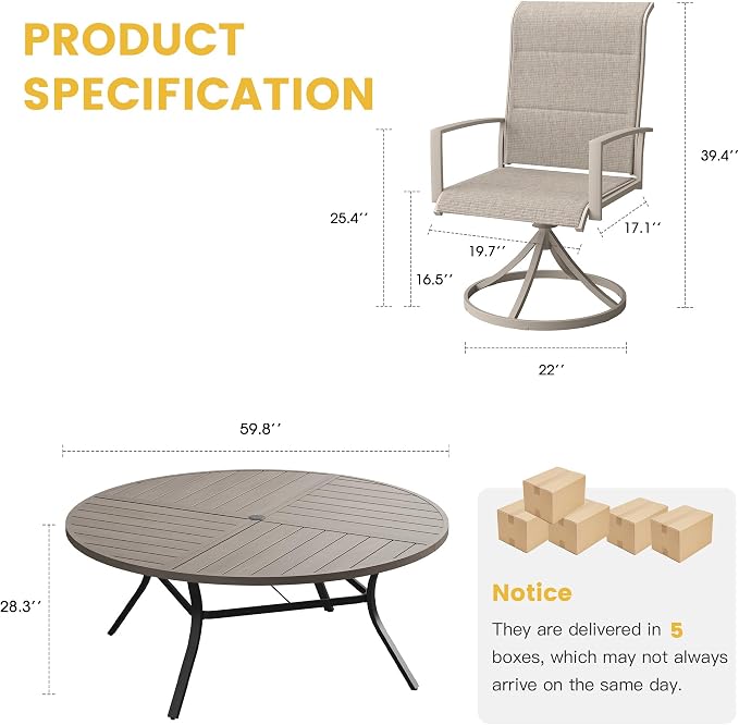 VICLLAX Patio Dining Set for 8, 8 Seats Outdoor Furniture Includes 59.9" Round Patio Table and Swivel Padded Chairs, Grey Wood Grain Tabletop and Sandshell Fabric