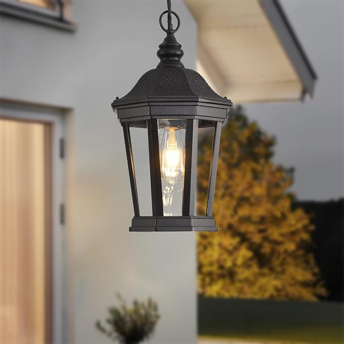 Large Outdoor Pendant Light 17.9" Black Hanging Lantern Lights