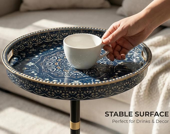 Gesodant Boho Single Leg Round Side Table with Tray Top, Pedestal Drink Table for Small Spaces, Aesthetic Accent Nightstand for Living Room, Bedroom, Corners, and Office (Blue Maze)