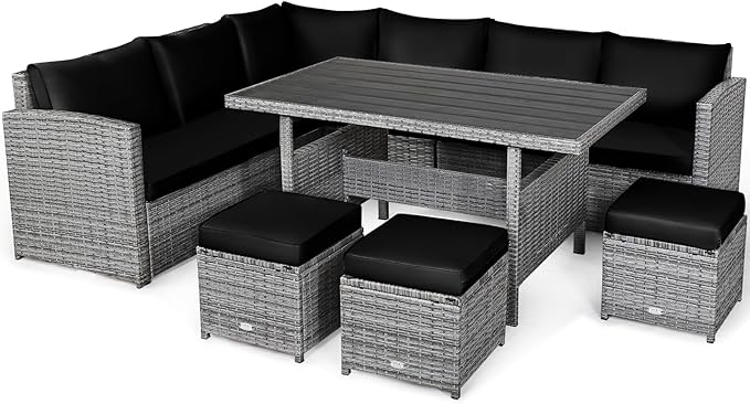 Tangkula 7 Pieces Patio Furniture Set, Outdoor Sectional Rattan Sofa Set with Cushions, All Weather Wicker Conversation Couch Set w/Dining Table & Ottomans for Backyard Garden Poolside, Black