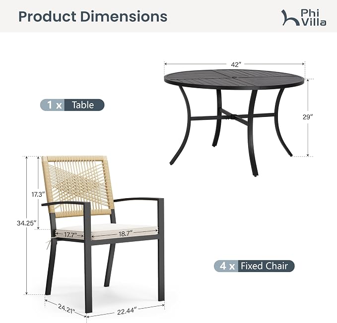PHI VILLA Outdoor Dining Set for 4, 42" Round Table, Wicker Chairs | 5 Piece Patio Dining Set, Round Patio Dining Table Set with Patio Wicker Chairs for Garden, Porch, Deck