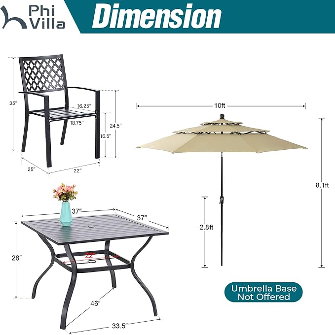 PHI VILLA 5 PCS Patio Dining Set w/10ft 3 Tier Umbrella(Beige) | 37" metal table w/ umbrella hole &4 stackable chairs& 10ft beige umbrella. Rust-resistant e-coated frame. Perfect for patio