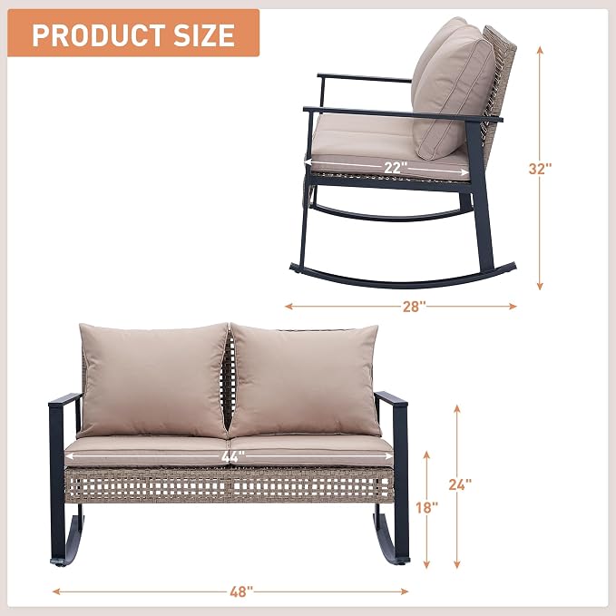 Ainfox Outdoor Wicker Loveseat Rocking Chair, Patio Rattan Rocker Chair with Cushions,All-Weather Modern Cozy Rocking Wicker Furniture for Garden Backyard Porch, Khaki