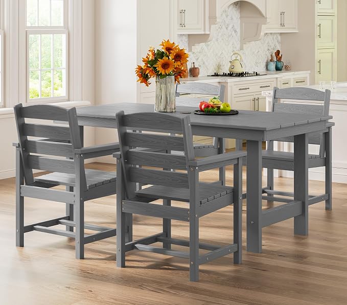 SERWALL 5 Pcs HDPE Patio Dining Set w/Umbrella Hole Table & 4 Chairs, Gray | HDPE Outdoor Dining Set with Rectangular Table & 4 Chairs, All-Weather Patio Dining Furniture