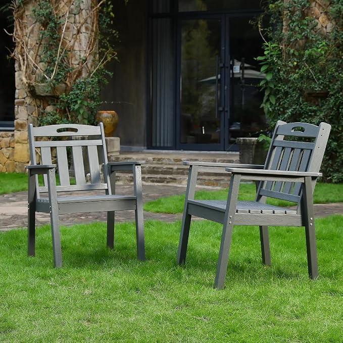 5-Pcs Outdoor Patio Dining Table Set of 5, Outdoor Patio Square 35'' Dining Table and Armchair for Lawn Garden Backyards Pool Side, Waterproof HDPE Material & 1.95'' Umbrella Hole, Gray