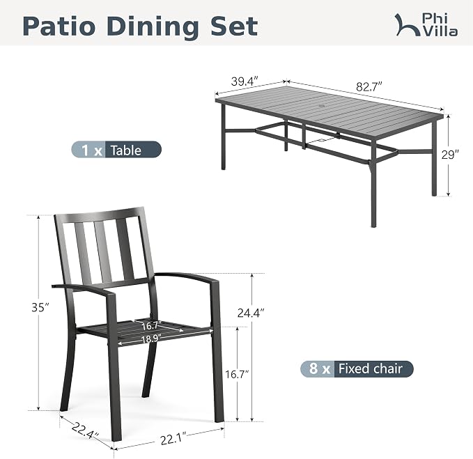 PHI VILLA 9 Pcs Outdoor Dining Set, 83" Rectangular Metal Table, Black | Metal Table with Umbrella Hole & Stackable Black Wrought Iron Chairs,Patio Furniture Set for Patio, Deck, Yard, Porch
