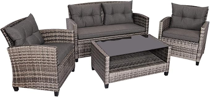 Tangkula 8 PCS Patio Wicker Conversation Furniture Set, Outdoor Rattan Sofa Set with Padded Cushion & Tempered Glass Coffee Table, Wicker Sectional Sofas & Table for Courtyard Balcony Garden (2, Grey)
