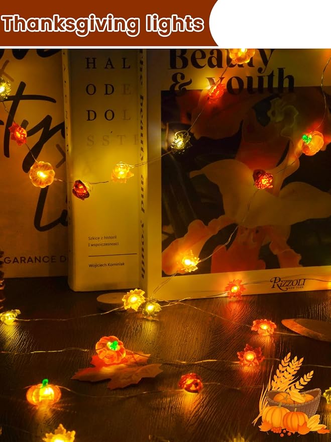 2 Pack 30 LED Fall Decorations, String Lights Battery Operated with Remote | 20FT 3D Pumpkin Acorn Maple Leaf Fairy Twinkle Lights Timer, Waterproof Outdoor Autumn Harvest, Thanksgiving, Halloween Decor