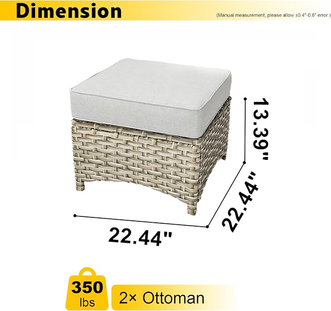 HOOOWOOO 2 Piece Patio Ottoman Set,Outdoor Wicker Ottomans,All Weather Resistant Rattan Deck Ottoman Matching Furniture(Denim Blue)