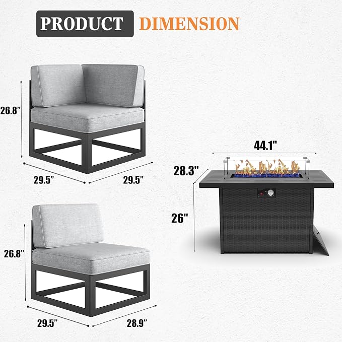 9 Pieces Aluminum Patio Furniture Set with Propane Gas 44" Fire Pit Table, Metal Outdoor Conversation Sofa Set with Seating Cushions