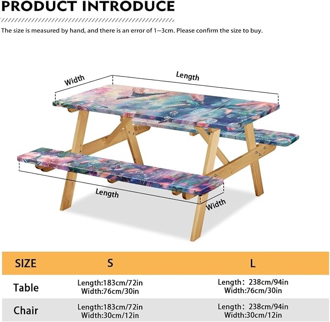 Hummingbird Picnic Table Cover with Bench Covers Waterproof Camping Table Covers for 6 Foot Tables 3 Pcs Picnic Table Bench Covers Camping Essentials for Camper, 94x30 Inches
