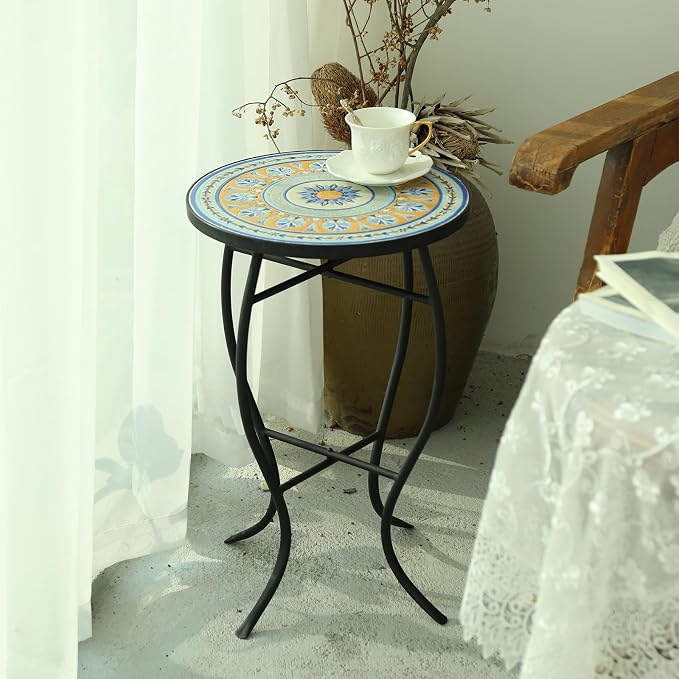 VCUTEKA Mosaic Side Table, 21" Round End Table with 14" Ceramic Tile Top, Patio Accent Table Indoor and Outdoor End Table for Yard, Garden, Living Room, Bistro Balcony or Lawn