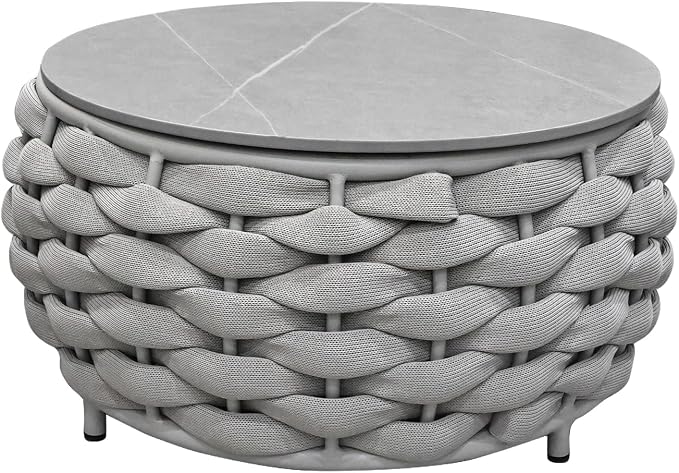 TWT Outdoor Coffee Table for Patio Table Rope Patio Coffee Table Lawn Garden Small Coffee Table with Rock Slab Top All-Weather, 25.6in(Textilene Rope, Light Grey)