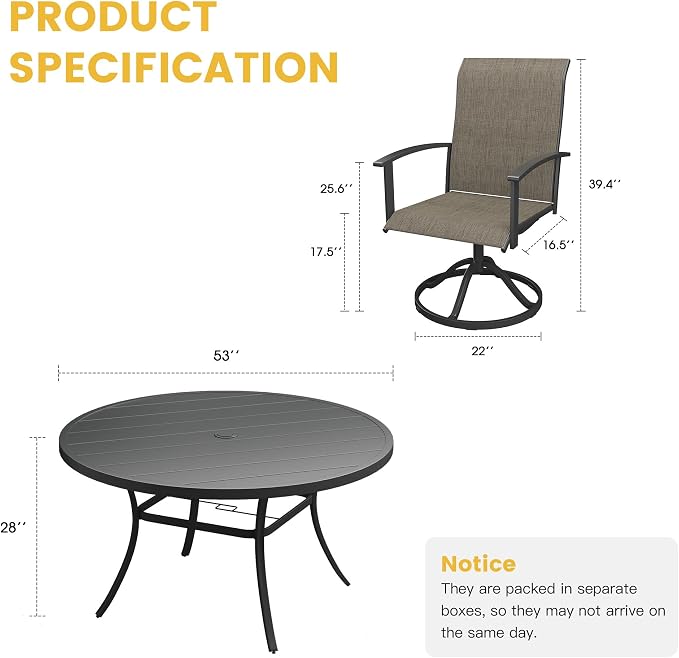 VICLLAX Outdoor Table and Chairs Set of 6, Metal Patio Dining Set-53 Round Dining Table and 6 Swivel Chairs for Deck, Lawn and Garden, Black Table and Mixed Brown Chairs