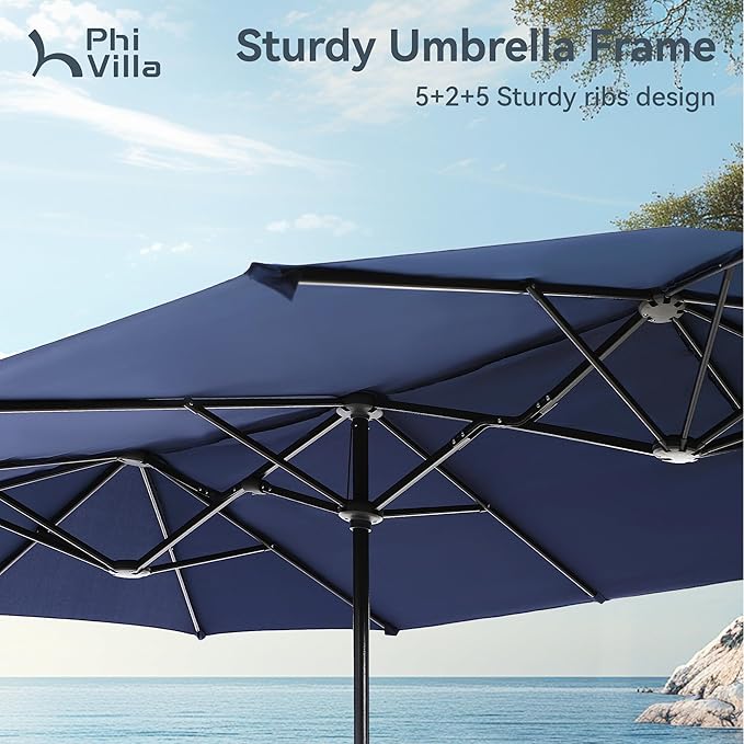 PHI VILLA Patio Dining Set with 13ft Umbrella for 6, Swivel Mesh Chairs | 60'' metal rectangular table, 6 brown outdoor textilene chairs and 13ft navy blue umbrella(NO BASE) for deck, garden, yard