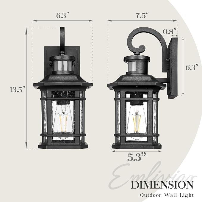 Emliviar Motion Sensor Outdoor Wall Lamp, Exterior Wall Sconce Light Fixture with Seeded Glass, Black Outside Porch Lights for Garage, Patio, 2084B-SE BK