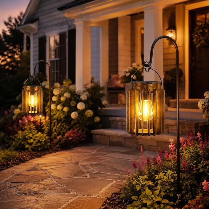 4 Pack Solar Lanterns Outdoor Waterproof, Retro Metal Hanging Lantern | 12-Hr Runtime Outdoor Solar Lantern, Auto On At Dusk, High Bright Hanging Solar Lights for Outside Garden Porch Patio Decor