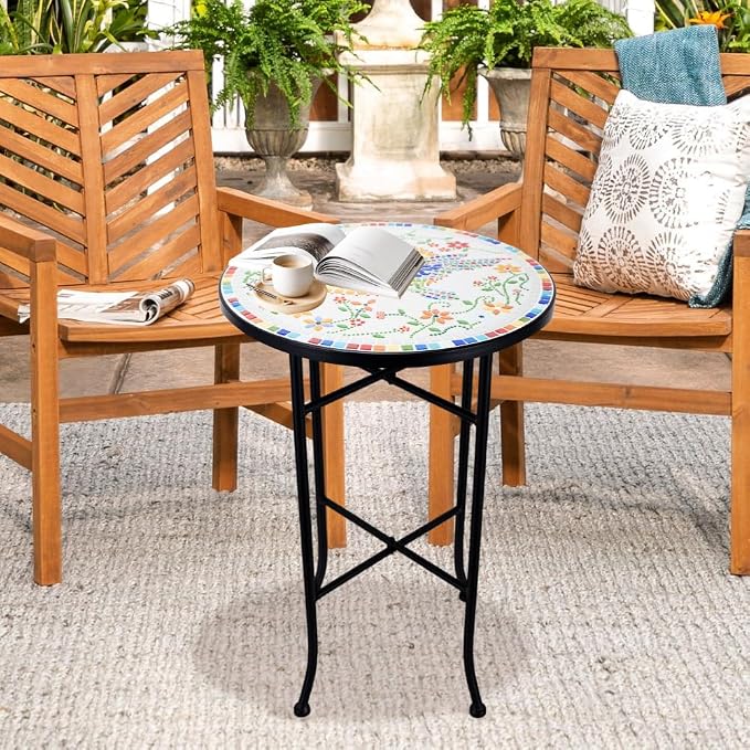 Mosaic Outdoor Side Table Small Round Patio Table Plant Stand | 21" Accent End Table with 14" Ceramic Tile Top for Small Spaces Porch Pool Garden Decor Indoor Living Room Bedroom Balcony
